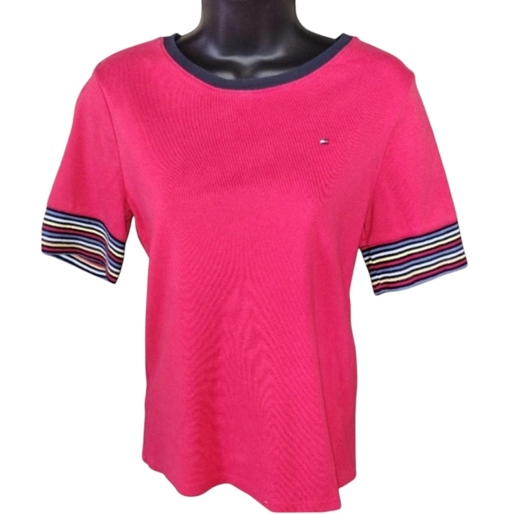 Tommy Hilfiger size medium red crew neck top, with striped trim on sleeve